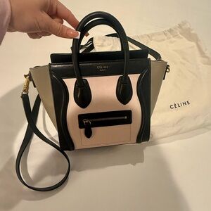 Celine Nano Luggage Black, Cream, Light taupe Mini Bag with strap